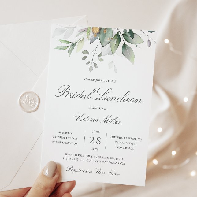Eucalyptus Greenery Gold Leaves Bridal Luncheon Invitation (Creator Uploaded)