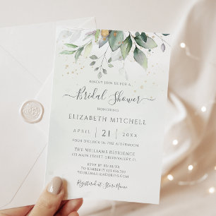 Eucalyptus Greenery Gold Leaves Bridal Shower Invitation