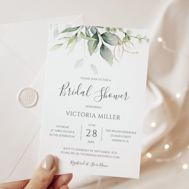 Eucalyptus Greenery Gold Leaves Bridal Shower Invitation (Creator Uploaded)