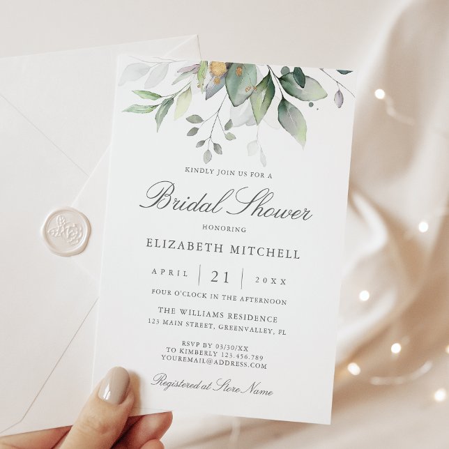Eucalyptus Greenery Gold Leaves Bridal Shower Invitation (Creator Uploaded)