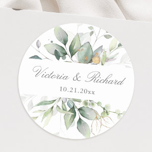 Eucalyptus Greenery Gold Leaves Elegant  Classic Round Sticker