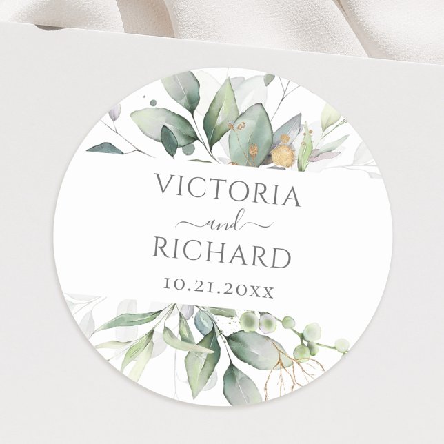 Eucalyptus Greenery Gold Leaves Elegant Classic Round Sticker (Creator Uploaded)