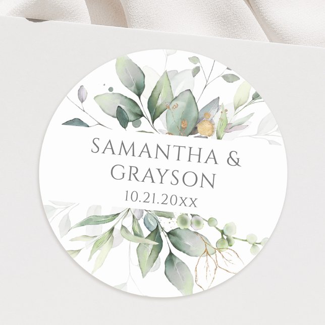 Eucalyptus Greenery Gold Leaves Elegant Classic Round Sticker (Creator Uploaded)