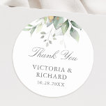 Eucalyptus Greenery Gold Leaves Elegant Thank You Classic Round Sticker<br><div class="desc">Beautiful Thank You stickers featuring watercolor eucalyptus and gold leaves.</div>