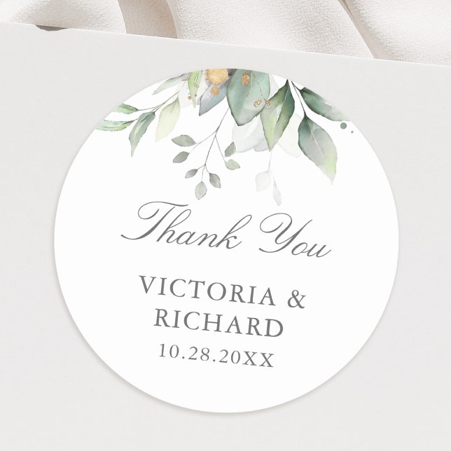 Eucalyptus Greenery Gold Leaves Elegant Thank You Classic Round Sticker (Creator Uploaded)