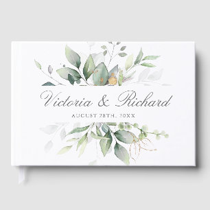 Eucalyptus Greenery Gold Leaves Elegant Wedding  Guest Book