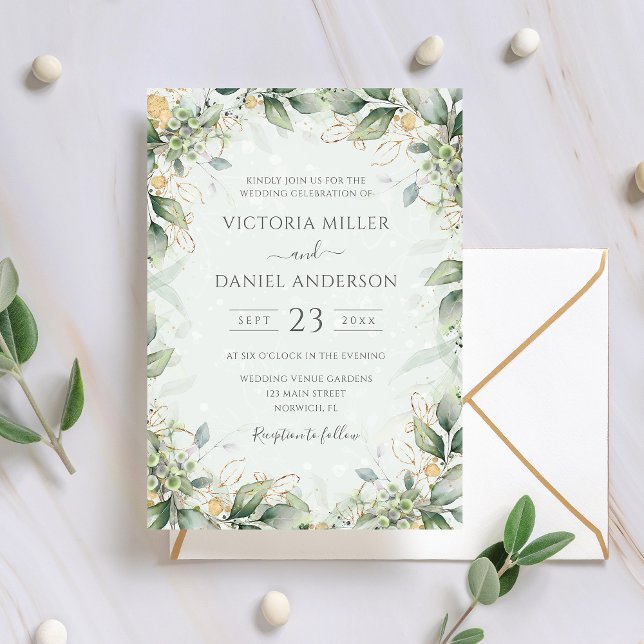 Eucalyptus Greenery Gold Leaves Elegant Wedding Invitation (Creator Uploaded)