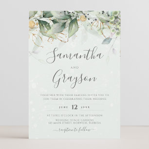 Eucalyptus Greenery Gold Leaves Elegant Wedding Invitation