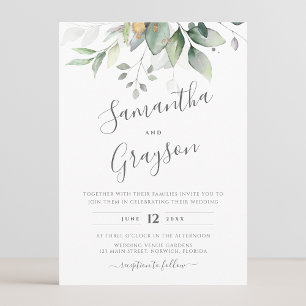 Eucalyptus Greenery Gold Leaves Elegant Wedding Invitation