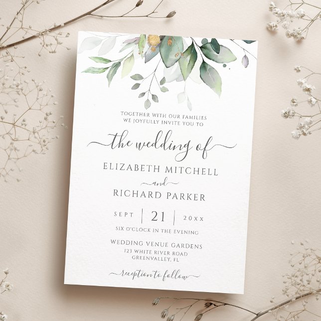 Eucalyptus Greenery Gold Leaves Elegant Wedding Invitation (Creator Uploaded)