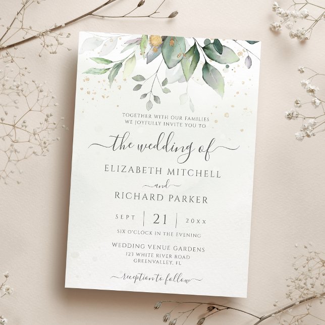 Eucalyptus Greenery Gold Leaves Elegant Wedding Invitation (Creator Uploaded)