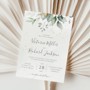 Eucalyptus Greenery Gold Leaves Elegant Wedding Invitation