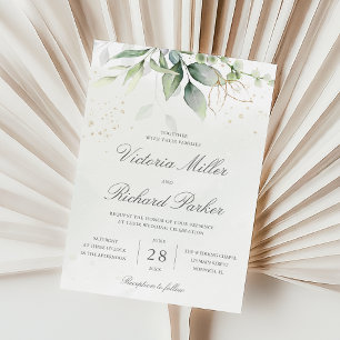Eucalyptus Greenery Gold Leaves Elegant Wedding Invitation