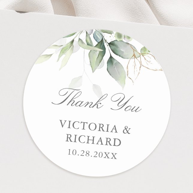 Eucalyptus Greenery Gold Leaves Thank You  Classic Round Sticker (Creator Uploaded)