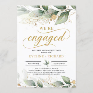 Eucalyptus greenery gold leaves we're engaged invitation