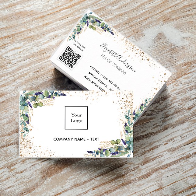 Eucalyptus greenery gold logo QR code Business Card (Creator Uploaded)