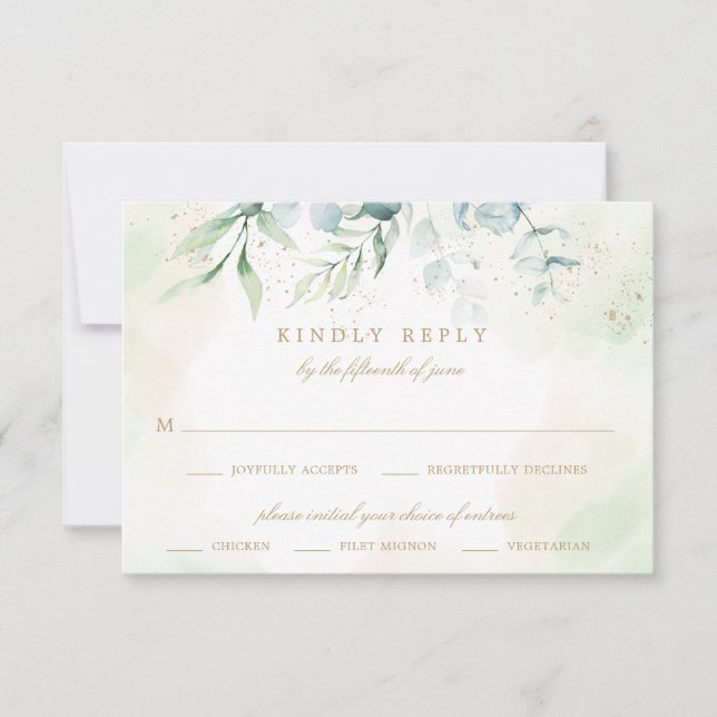 Eucalyptus Greenery Gold Meal Choice Wedding RSVP Card (Front)