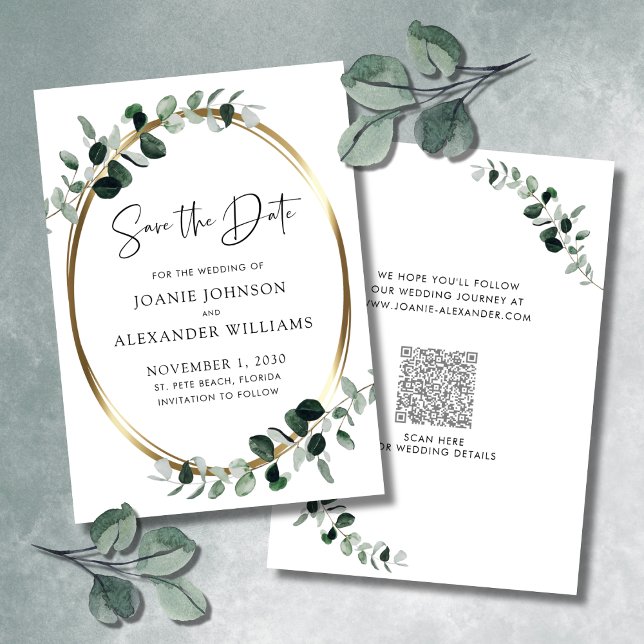 Eucalyptus Greenery Gold Metallic Save the Date (Eucalyptus Greenery QR Code Gold Metallic Wedding Save the Date)