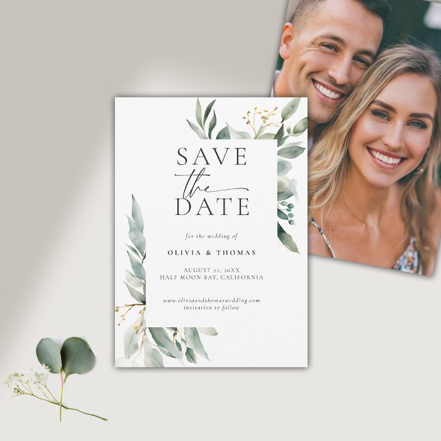 Eucalyptus Greenery Gold Modern Elegant Wedding Save The Date (modern simple wedding save the date typography calligraphy eucalyptus greenery elegant frame)