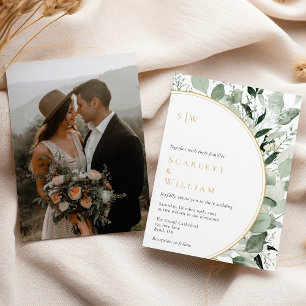 Eucalyptus Greenery Gold Monogram Photo Wedding Invitation