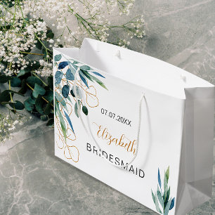 Eucalyptus greenery gold name bridesmaid large gift bag