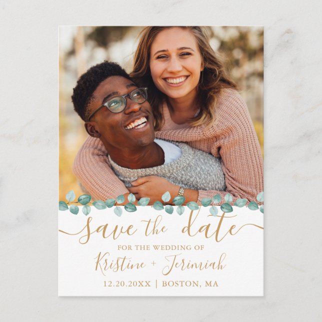 Eucalyptus Greenery Gold Photo Save the Date Announcement Postcard (Front)