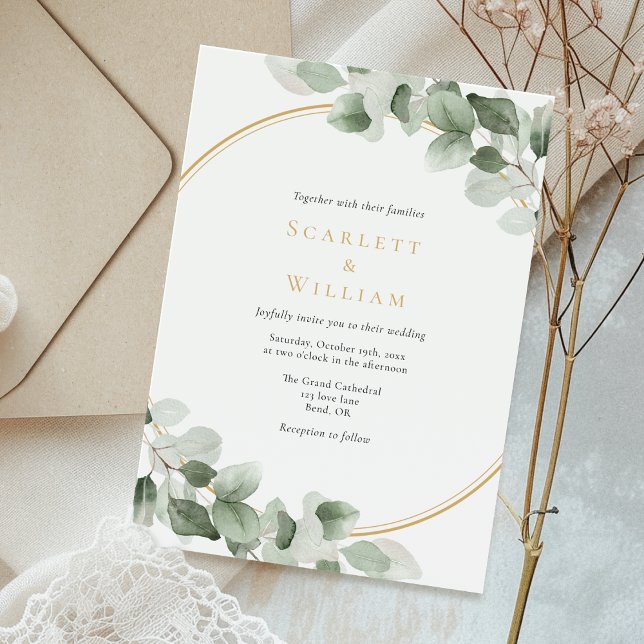 Eucalyptus Greenery Gold Sage Green Modern Wedding Invitation (Creator Uploaded)