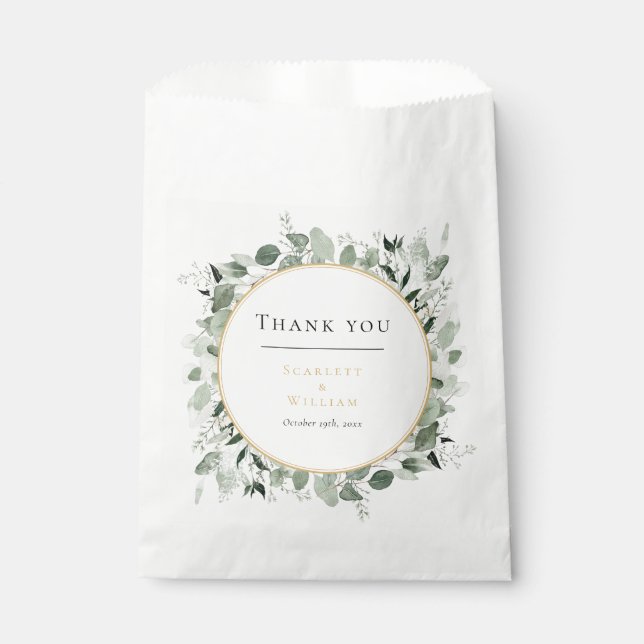 Eucalyptus Greenery Gold Sage Green Wedding Favour Bag (Front)