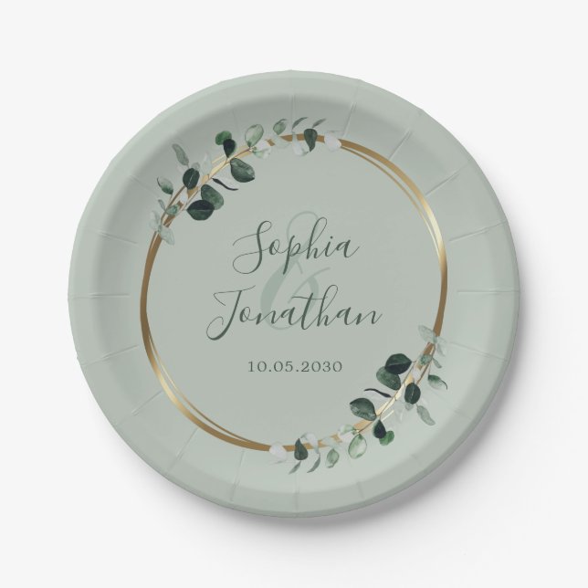 Eucalyptus Greenery Gold Sage Personalised Wedding Paper Plate (Front)