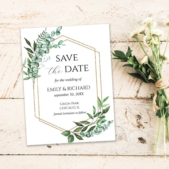 Eucalyptus Greenery Gold Save the Date Postcard (Creator Uploaded)