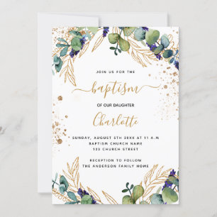 Eucalyptus greenery gold script baptism invitation