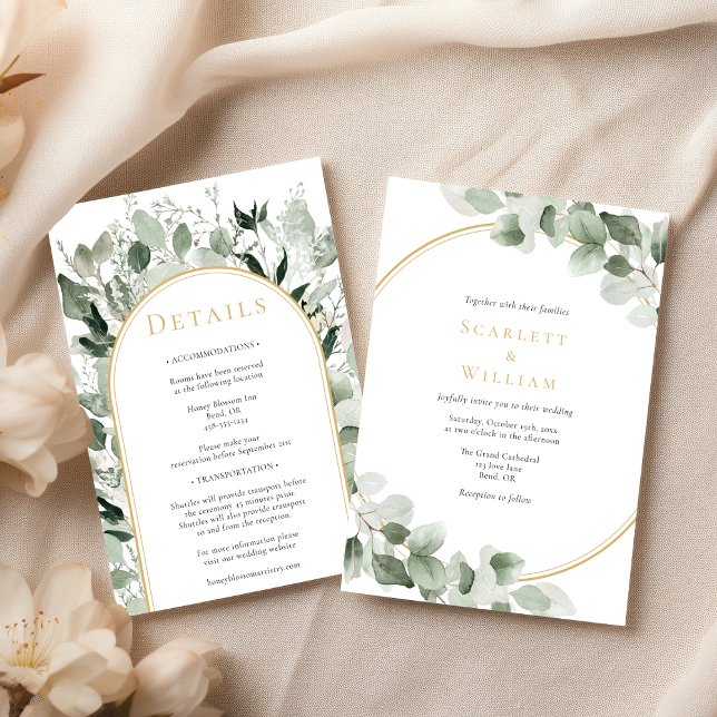 Eucalyptus Greenery Gold Simple Wedding All In One Invitation (Creator Uploaded)