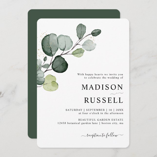 Eucalyptus Greenery Gold Splatter Wedding Invitation (Front/Back)