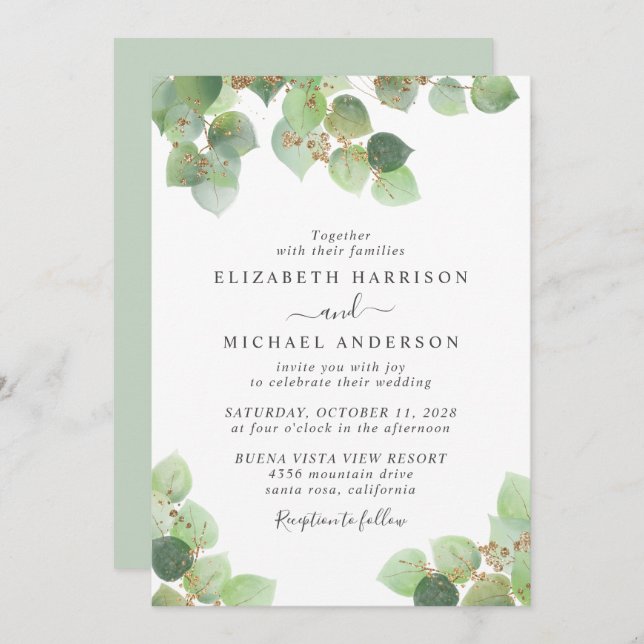 Eucalyptus Greenery Gold Watercolor Wedding Invitation (Front/Back)