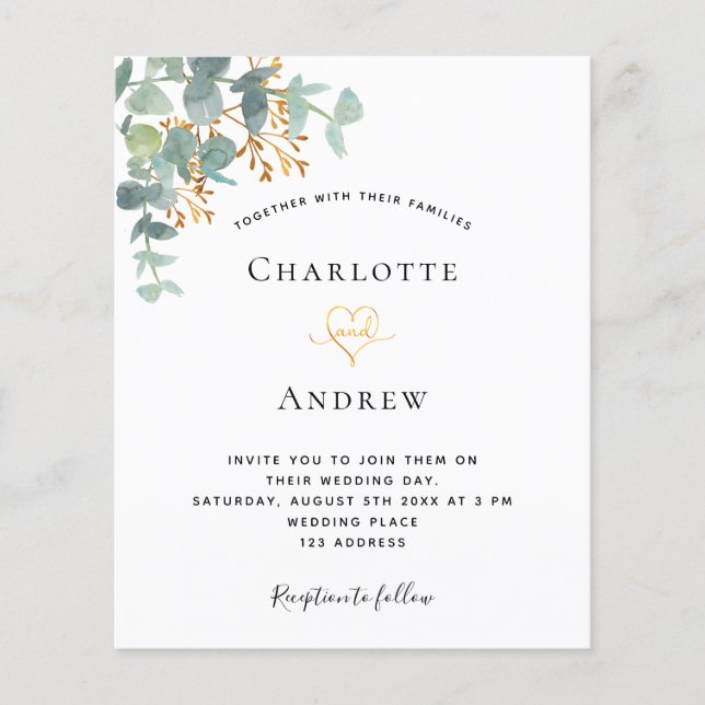 Eucalyptus greenery gold wedding budget invitation flyer (Front)