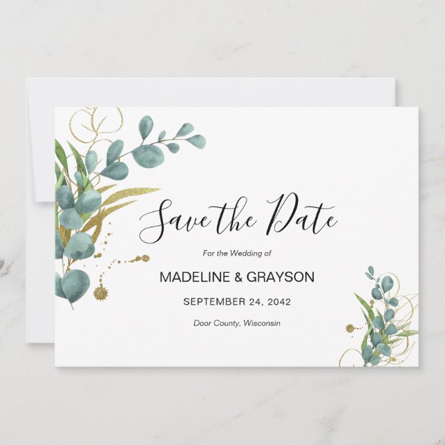Eucalyptus Greenery Gold Wedding Invitation (Front)