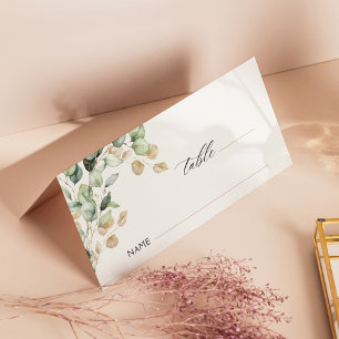 Eucalyptus Greenery & Gold Wedding Photo Folded Place Card
