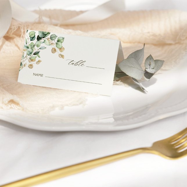 Eucalyptus Greenery & Gold Wedding Photo Folded Place Card (Creator Uploaded)