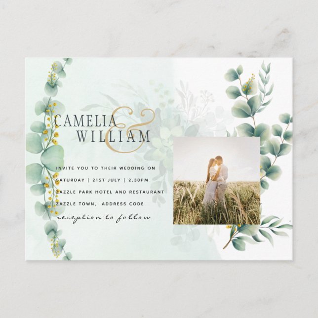 Eucalyptus Greenery Gold WEDDING QR CODE Modern Postcard (Front)