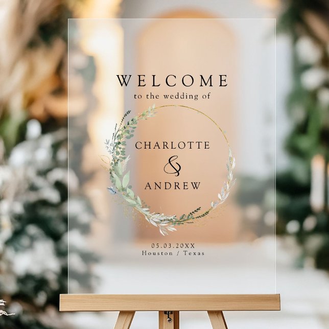 Eucalyptus greenery gold wedding welcome  acrylic sign (Eucalyptus greenery gold wedding welcome acrylic sign with your names and date.)
