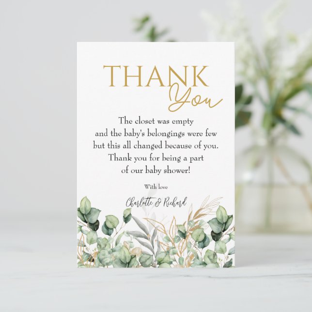 Eucalyptus Greenery Green Leaf & Gold  Baby Shower Thank You Card (Standing Front)