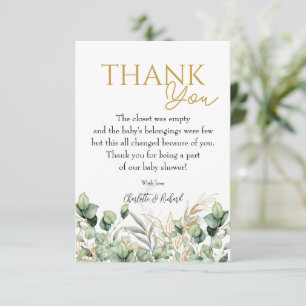 Eucalyptus Greenery Green Leaf & Gold  Baby Shower Thank You Card