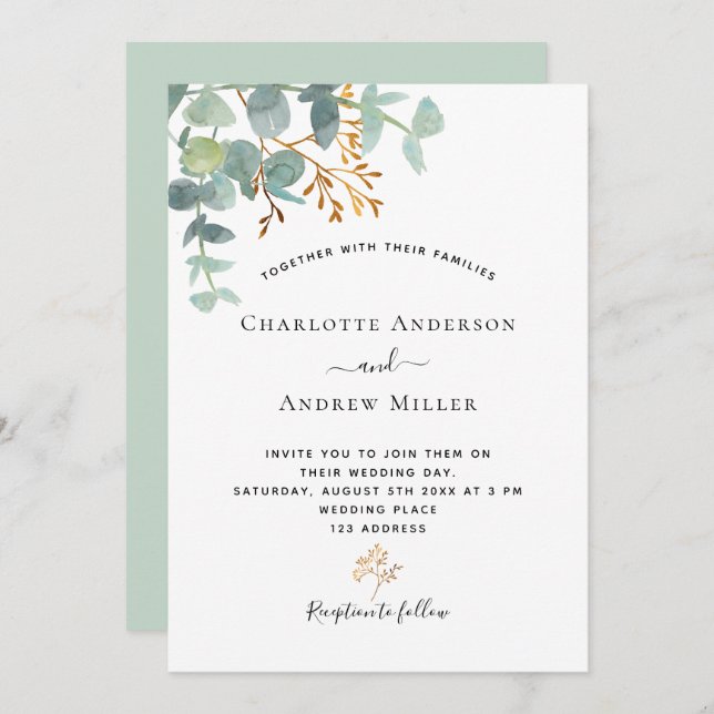 Eucalyptus greenery green modern elegant wedding invitation (Front/Back)
