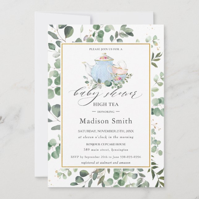 Eucalyptus Greenery High Tea Party Baby Shower  Invitation (Front)