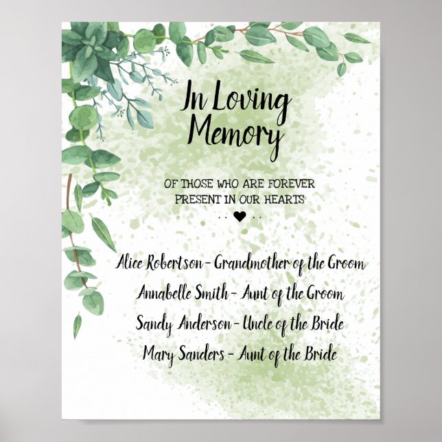 Eucalyptus Greenery In Loving Memory Wedding Sign (Front)