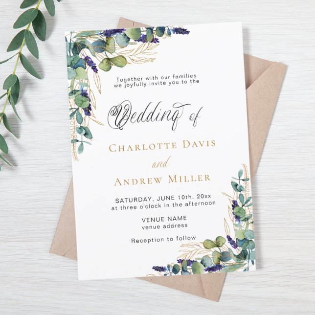 Eucalyptus greenery lavender script wedding invitation (Creator Uploaded)