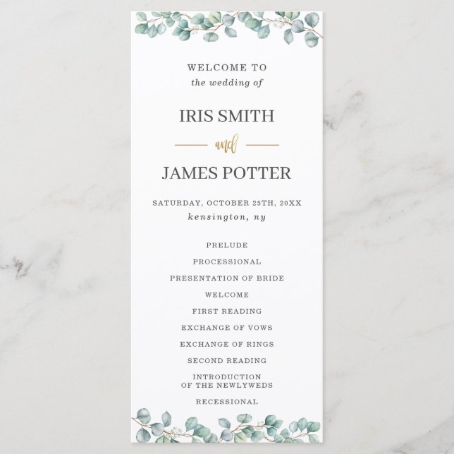 Eucalyptus Greenery Leaves Gold Wedding Program (Front)