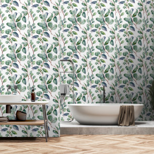 Eucalyptus Greenery Leaves Green White Elegant Wallpaper