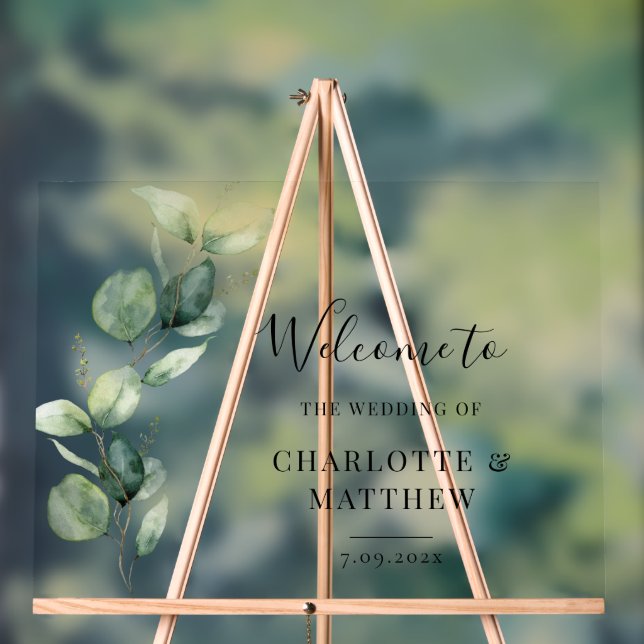 Eucalyptus Greenery Leaves Watecolor Wedding Acrylic Sign (Neutral)