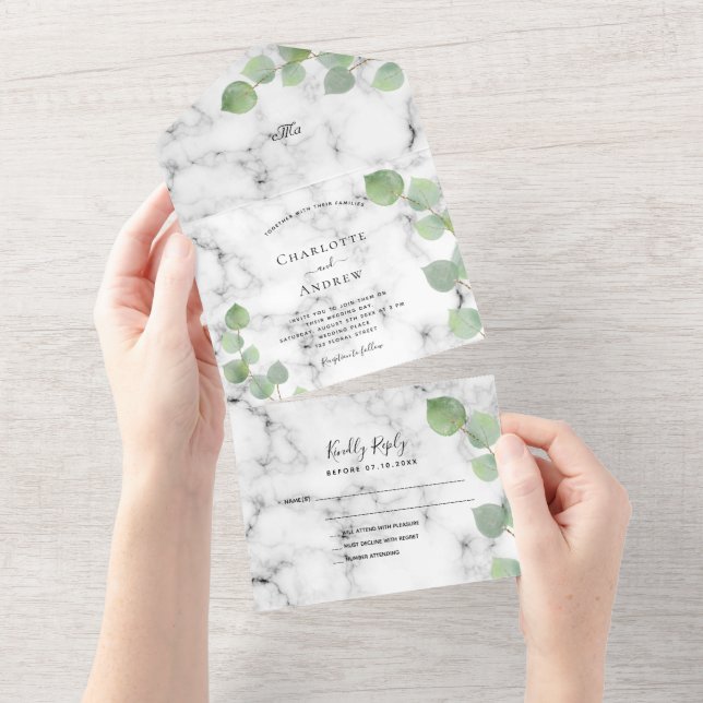 Eucalyptus greenery marble wedding  all in one invitation (Tearaway)